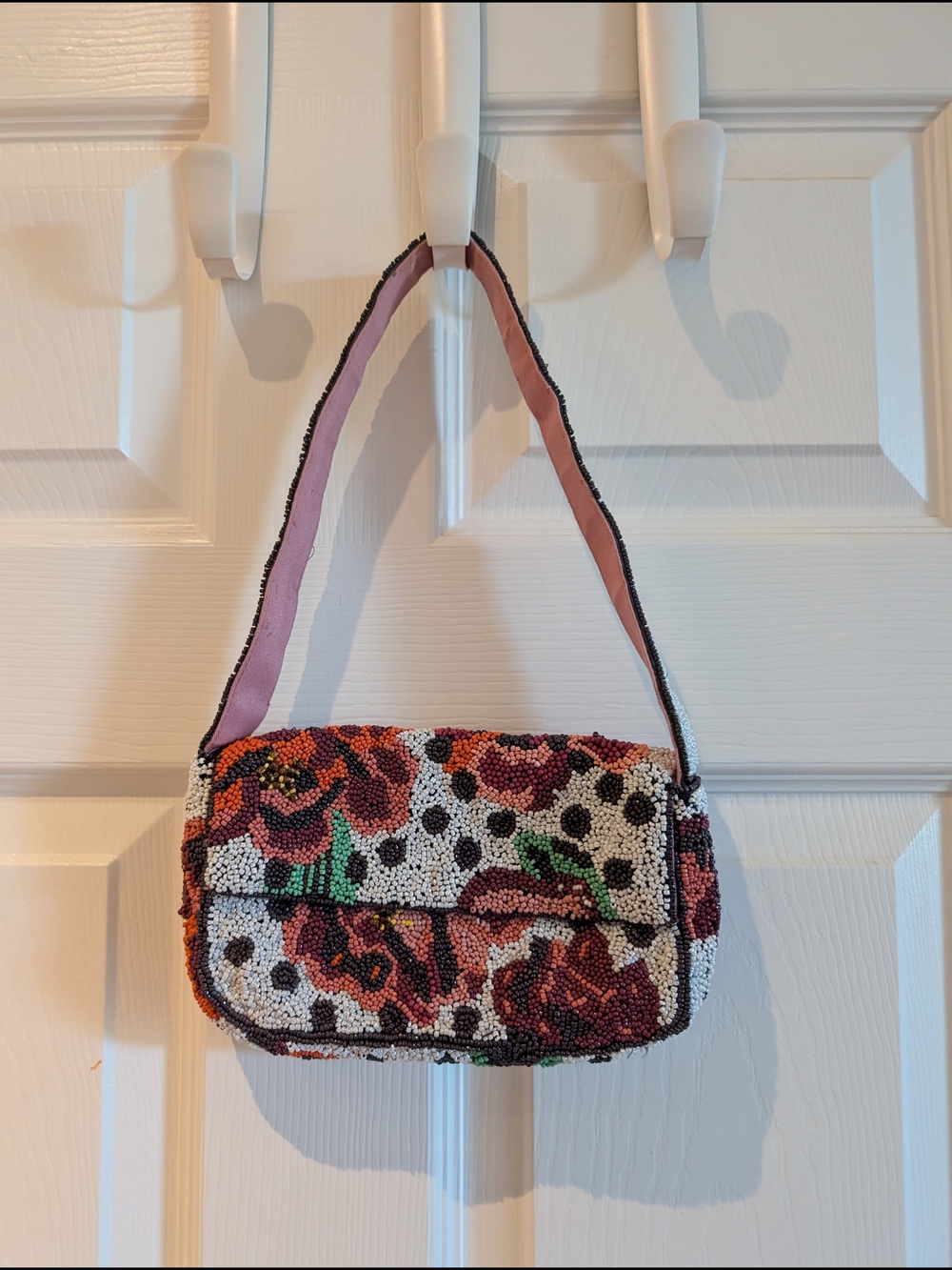 Anthropologie Beaded Floral Shoulder Bag in White, Pink, Red, Green